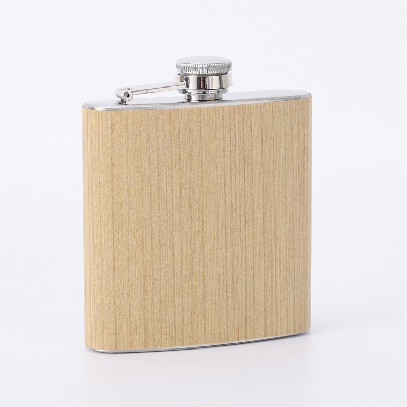 High Quality 6oz Stainless Steel Alcohol Hip Flasks Custom Gift Pack Wood Grain Leather Wrap Liquor Whiskey Wooden Hip Flask