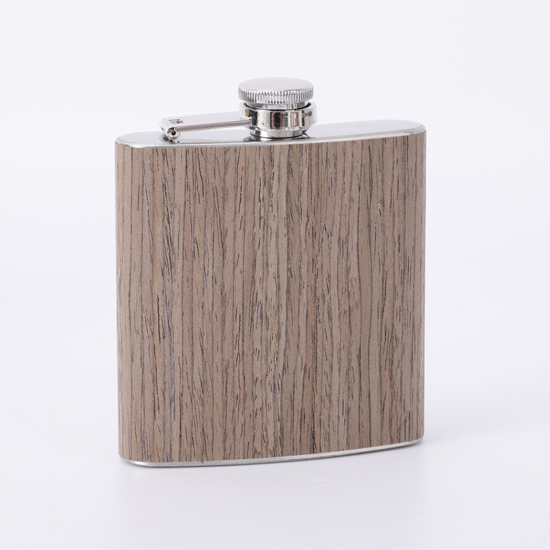 High Quality 6oz Stainless Steel Alcohol Hip Flasks Custom Gift Pack Wood Grain Leather Wrap Liquor Whiskey Wooden Hip Flask