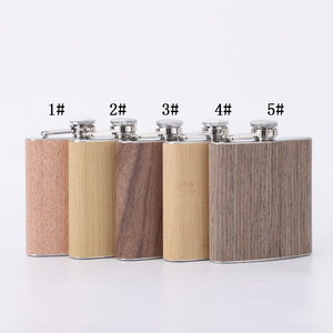 High Quality 6oz Stainless Steel Alcohol Hip Flasks Custom Gift Pack Wood Grain Leather Wrap Liquor Whiskey Wooden Hip Flask