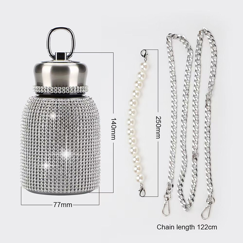 Diamond Water Bottle Rhinestone Stainless Steel Bling Vacuum Flask Refillable Insulated Thermal Bottle with Chain Glitter Water