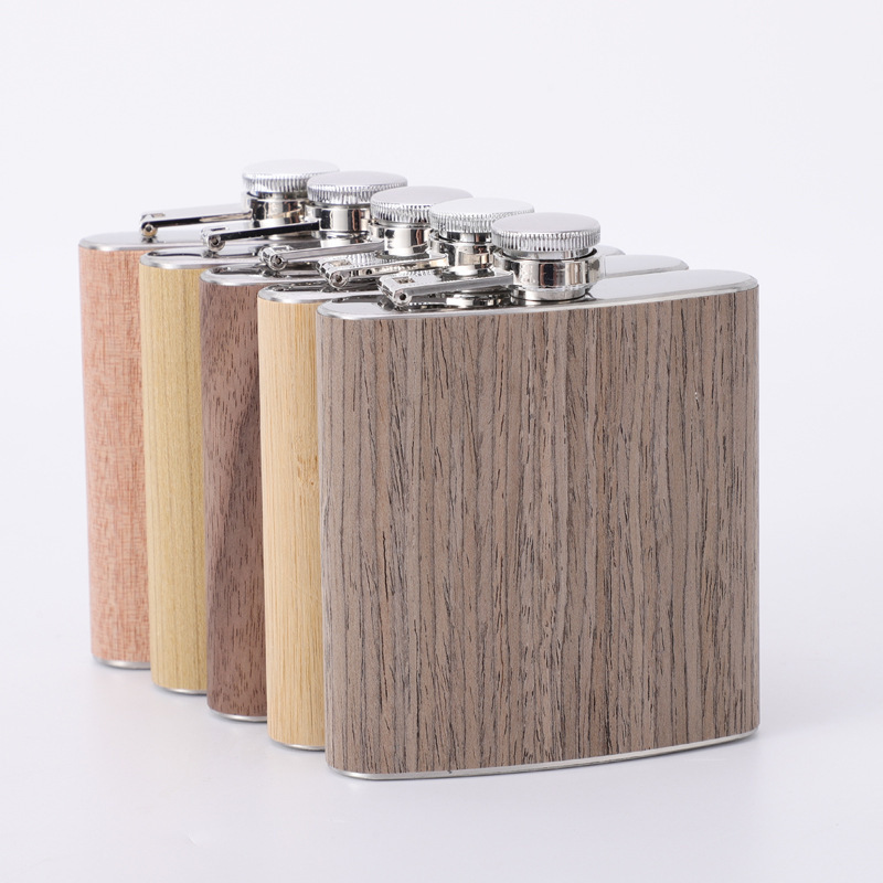 High Quality 6oz Stainless Steel Alcohol Hip Flasks Custom Gift Pack Wood Grain Leather Wrap Liquor Whiskey Wooden Hip Flask