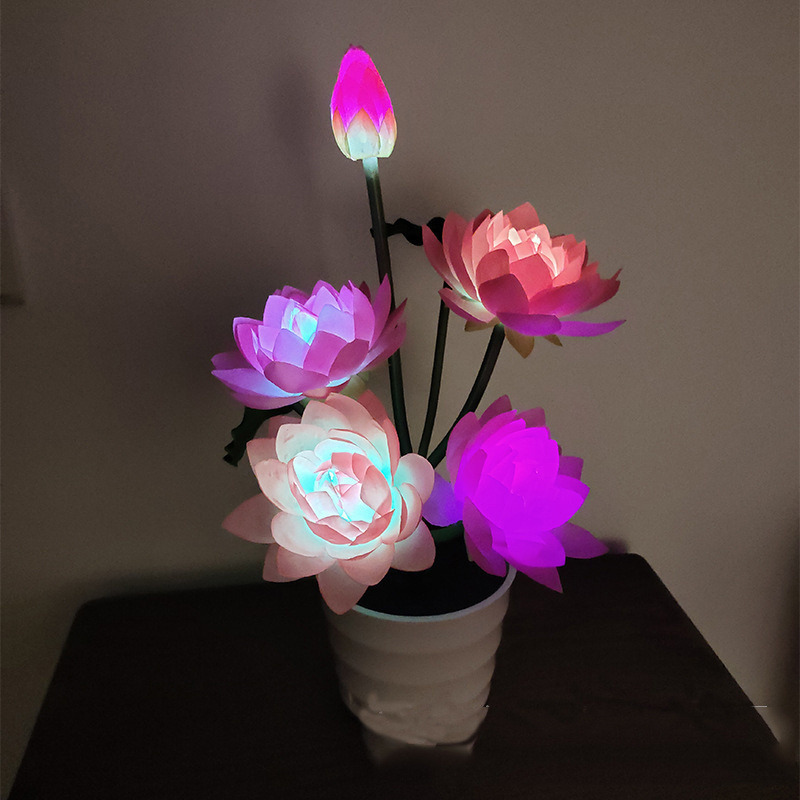 LED Lighted Artificial Flower Pot 3 heads Flower Lamp Solar Lotus Flower Lights for Buddha Temple