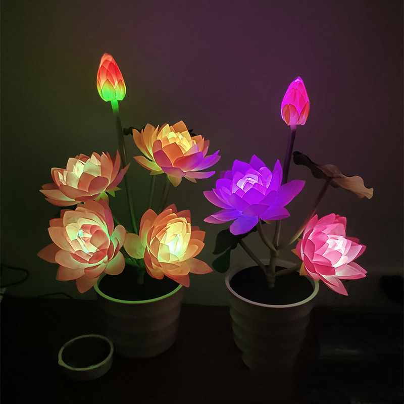 LED Lighted Artificial Flower Pot 3 heads Flower Lamp Solar Lotus Flower Lights for Buddha Temple