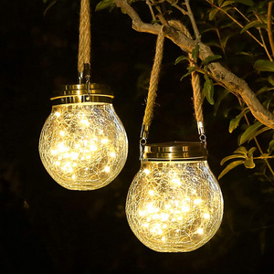 Outdoor Decoration Waterproof Patio Garden Lanterns Wedding Solar Hanging Light Warm Crackle Glass Bottle Mason Jar Lights