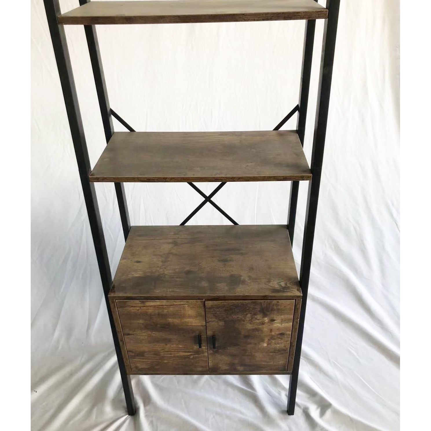 Industrial Style Metal Ladder Shelf Bookcase with Rustic Wood Enclosed Storage 4 Tier Open Storage Bookshelf with Cabinet