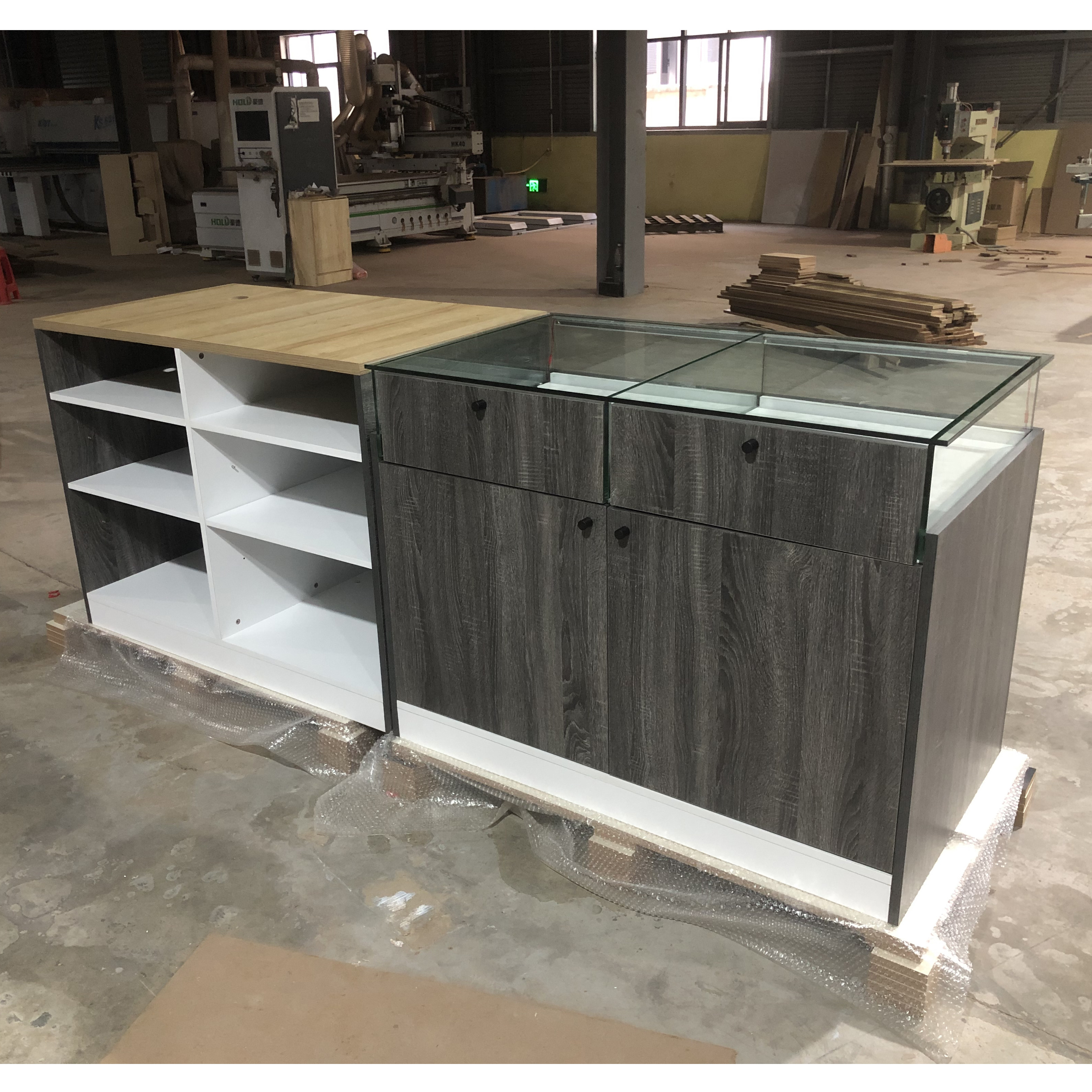 Retail Shop Counter with Glass Tabletop Check Out Counter Led Strip Glass Display Drawer Counter