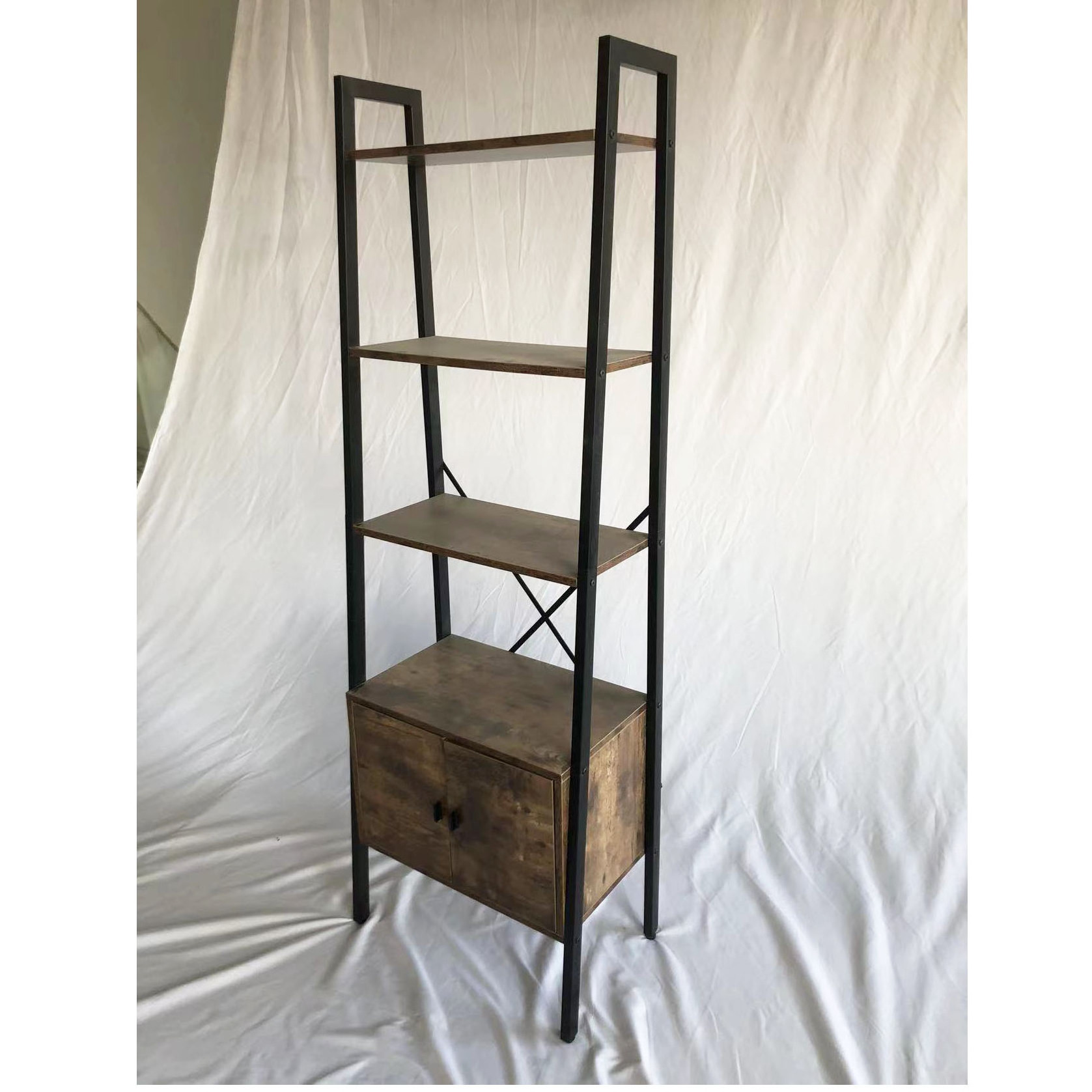 Industrial Style Metal Ladder Shelf Bookcase with Rustic Wood Enclosed Storage 4 Tier Open Storage Bookshelf with Cabinet