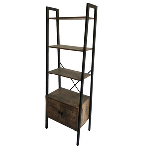 Industrial Style Metal Ladder Shelf Bookcase with Rustic Wood Enclosed Storage 4 Tier Open Storage Bookshelf with Cabinet