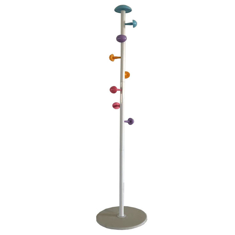 Children Cute Free Standing Hat Rack Coat Tree with 7 Colorful Plastic Hooks Metallic Standing Clothes Hanger