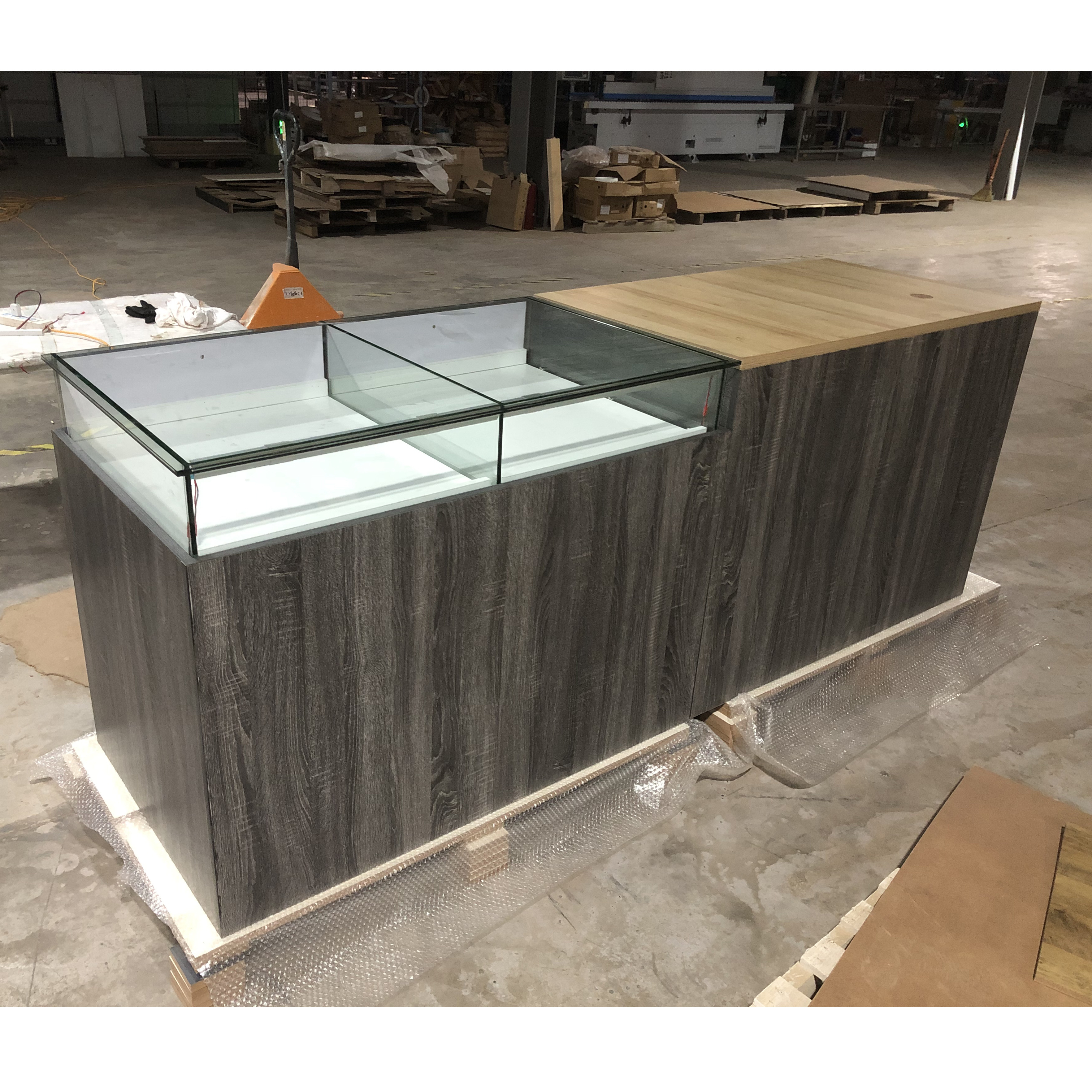 Retail Shop Counter with Glass Tabletop Check Out Counter Led Strip Glass Display Drawer Counter