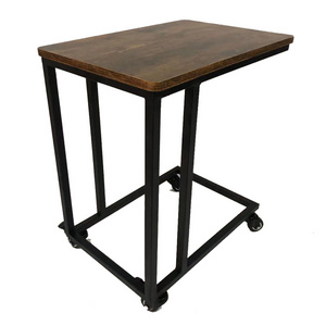 Industrial C-Shape End Table with 4 Casters Wood Side Sofa Table with Cantilever Iron Leg on Wheels