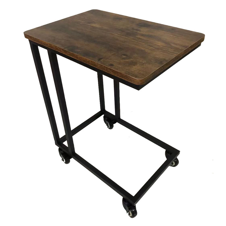 Industrial C-Shape End Table with 4 Casters Wood Side Sofa Table with Cantilever Iron Leg on Wheels