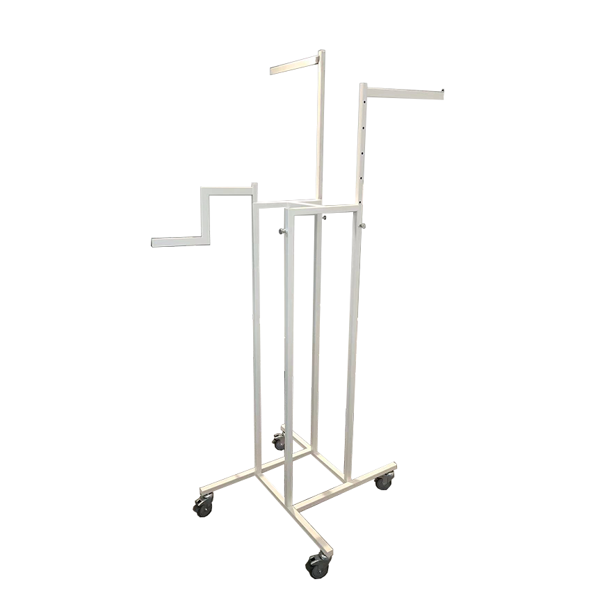 Retail Fixtures Gondola Display Four Way Clothing Rack with Four Straight Arms Metal Pipe Display Stand with Caster