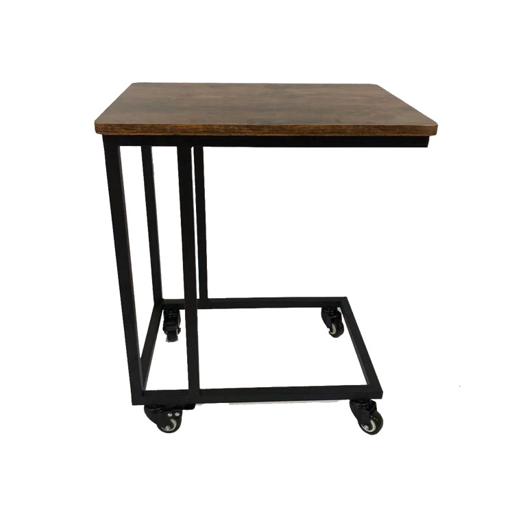 Industrial C-Shape End Table with 4 Casters Wood Side Sofa Table with Cantilever Iron Leg on Wheels