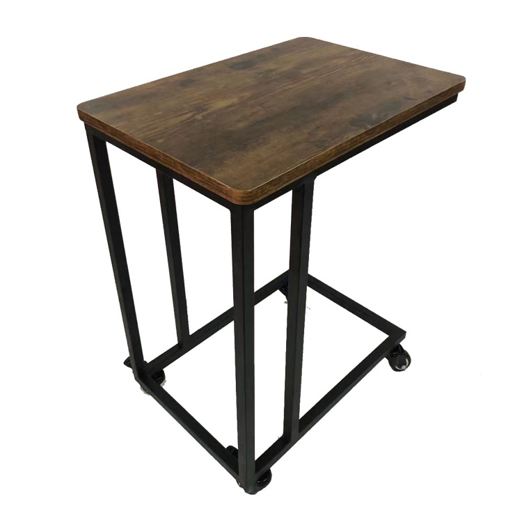 Industrial C-Shape End Table with 4 Casters Wood Side Sofa Table with Cantilever Iron Leg on Wheels