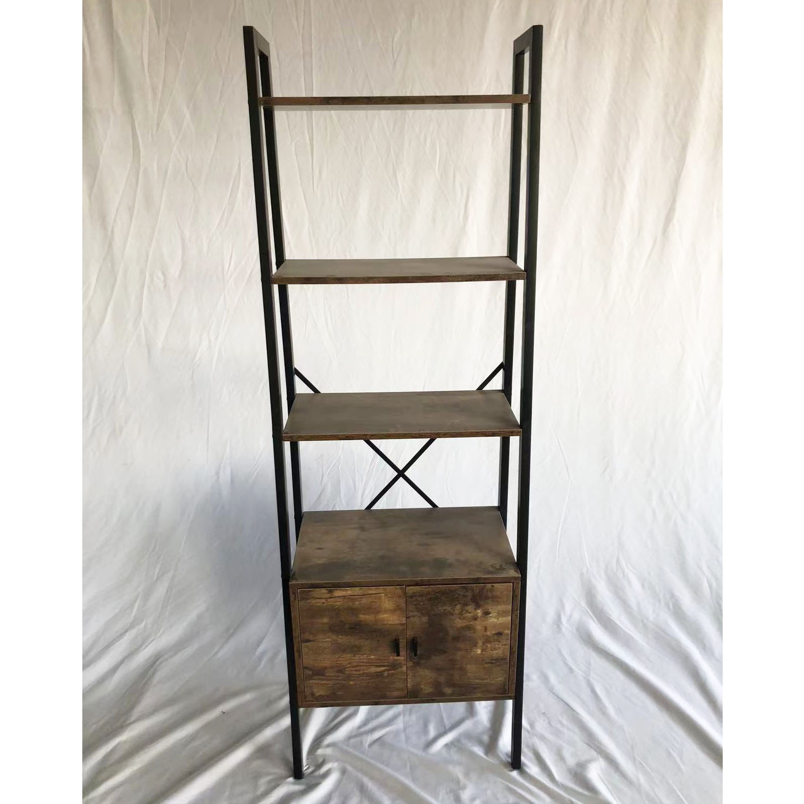 Industrial Style Metal Ladder Shelf Bookcase with Rustic Wood Enclosed Storage 4 Tier Open Storage Bookshelf with Cabinet