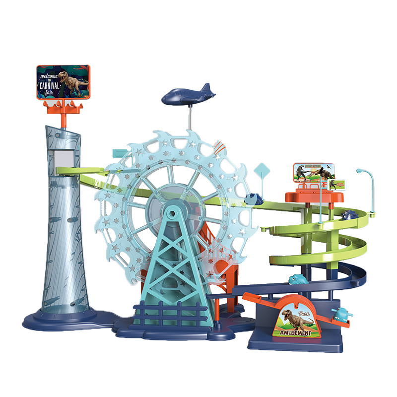 Battery USB Power Dinosaur Climbing Stairs Ferris Wheel Amusement Park Gear Track Toy Electric Music  Car Track Slide Rail Toys