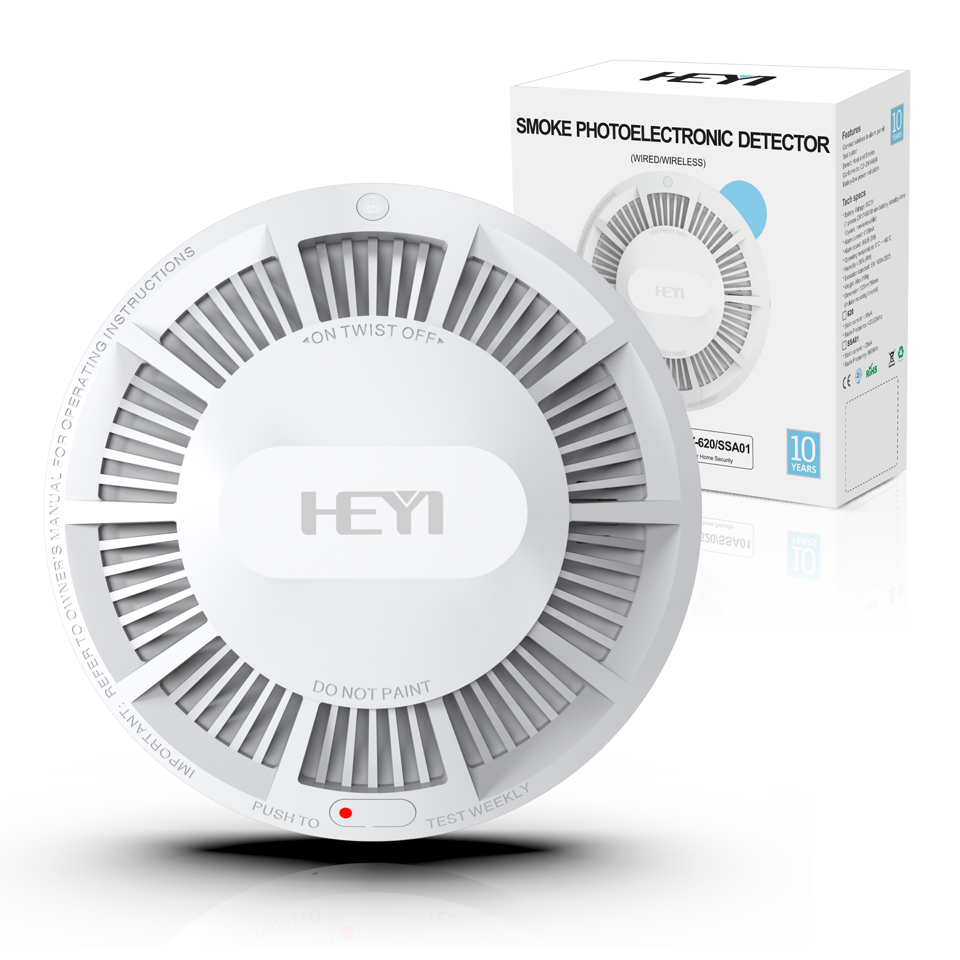 High End HEYI 620 TUV EN 14604 10 Years battery Fire Alarm Explosion Proof Smoke Detector for Smart Home Residential Office Room