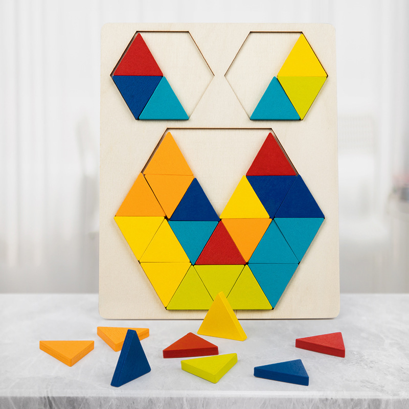 Wood Geometric Tangram Puzzle Jigsaw 3D Logic IQ Game Wooden Hexagon Puzzle for Kids Children Hand-eye Coordination Set