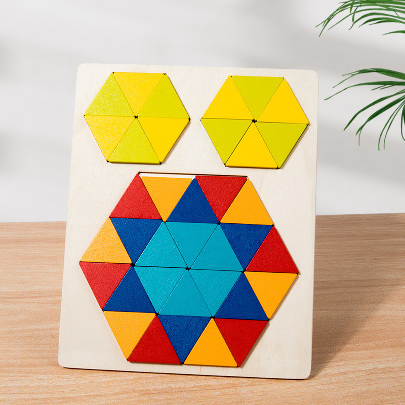 Wood Geometric Tangram Puzzle Jigsaw 3D Logic IQ Game Wooden Hexagon Puzzle for Kids Children Hand-eye Coordination Set