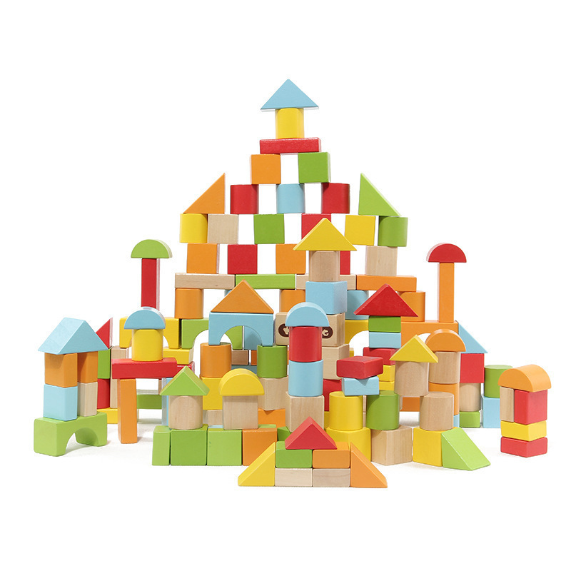 100pcs Kids Wooden Blocks Building Blocks for Toddlers - Includes Storage Container with Shape Sorter wooden building blocks