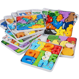 New Iron Box Baby Wooden Jigsaw 3D Puzzle Blocks Fruit Cartoon Animal Traffic Educational Toys Puzzles for Kids