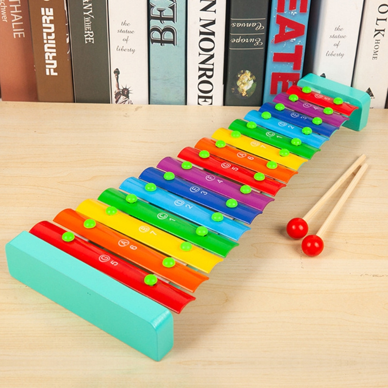 Baby Kids Wooden Xylophone 15 Tones Knock Piano Toys Musical Instrument Educational Toy with 2 Mallets