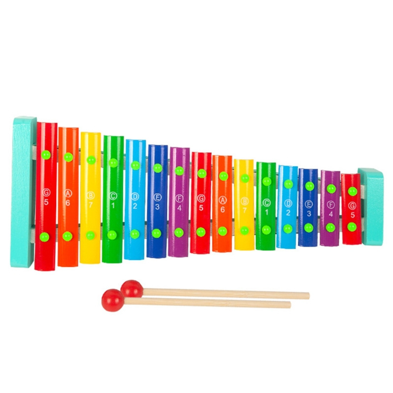 Baby Kids Wooden Xylophone 15 Tones Knock Piano Toys Musical Instrument Educational Toy with 2 Mallets