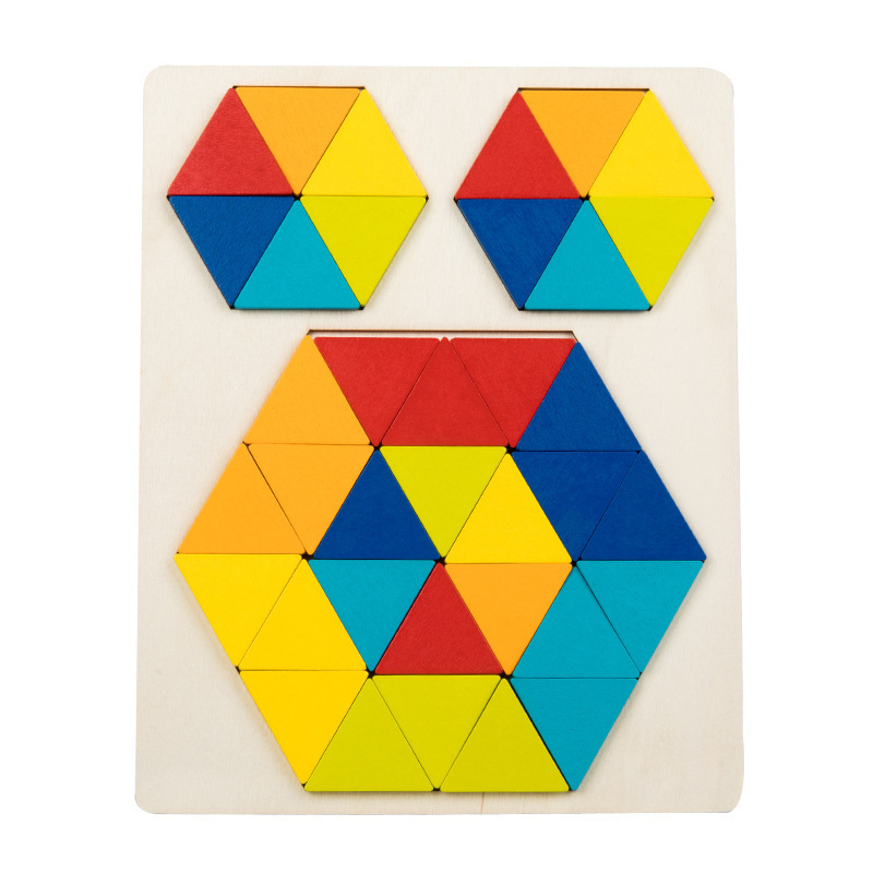 Wood Geometric Tangram Puzzle Jigsaw 3D Logic IQ Game Wooden Hexagon Puzzle for Kids Children Hand-eye Coordination Set