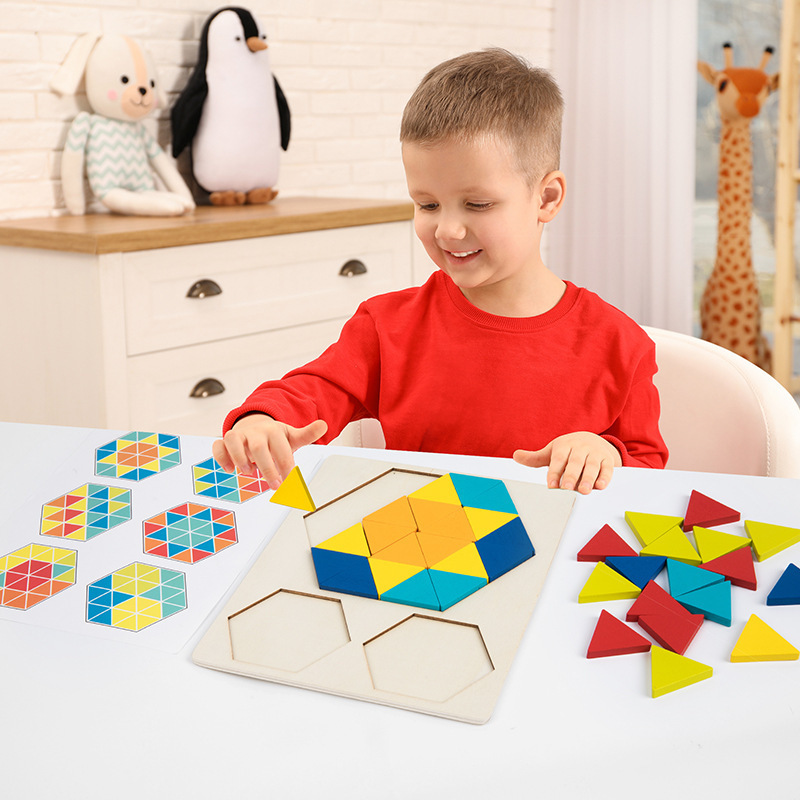 Wood Geometric Tangram Puzzle Jigsaw 3D Logic IQ Game Wooden Hexagon Puzzle for Kids Children Hand-eye Coordination Set