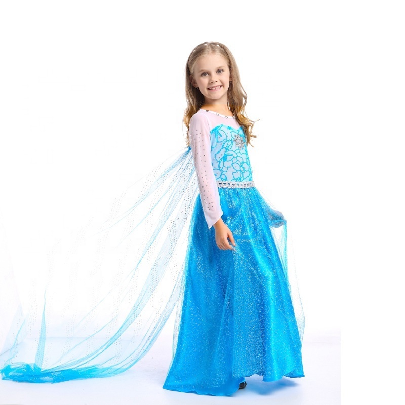 Factory Direct Selling Cheap Party Frozen Dress Up  Elsa Dress for Little Girls with Wig,Crown,Mace, Accessories Age 3-11 Years