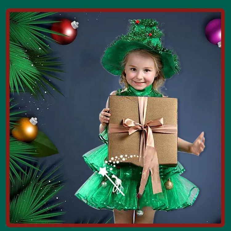 Girl Christmas dress Green Christmas tree New Year's Day dance costume