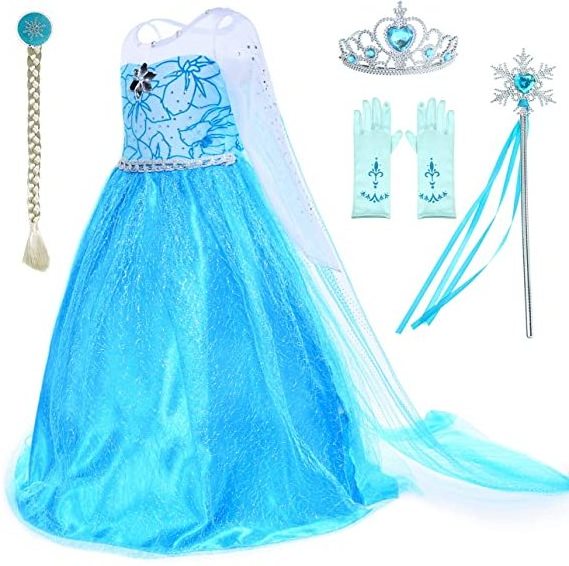 Factory Direct Selling Cheap Party Frozen Dress Up  Elsa Dress for Little Girls with Wig,Crown,Mace, Accessories Age 3-11 Years