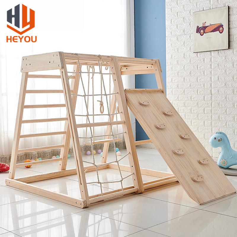 Montessori Wooden Climbing Frame With Tent Swing Slide Indoor For Kid Private Playground Sets