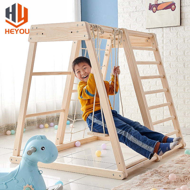 Montessori Wooden Climbing Frame With Tent Swing Slide Indoor For Kid Private Playground Sets