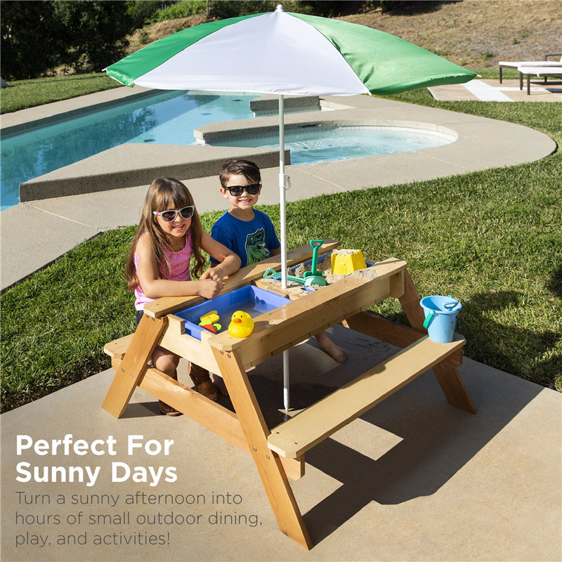 3 in 1 Kids Sand And Water Table Easy Assembly Outdoor Wood Picnic Table with Umbrella