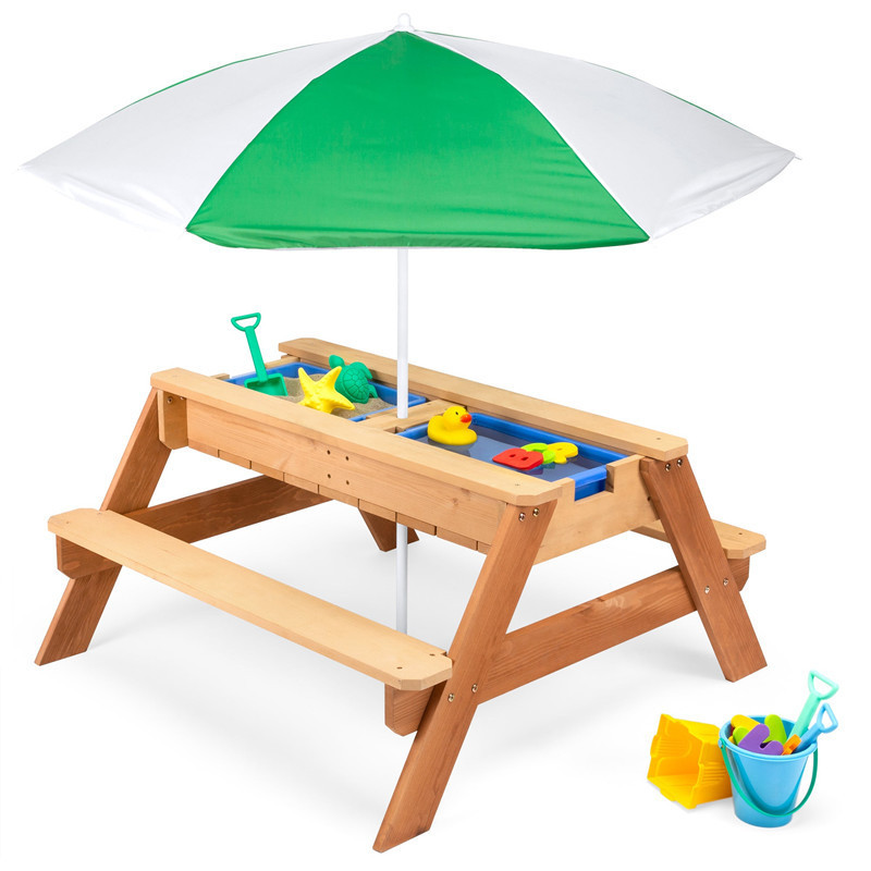 3 in 1 Kids Sand And Water Table Easy Assembly Outdoor Wood Picnic Table with Umbrella