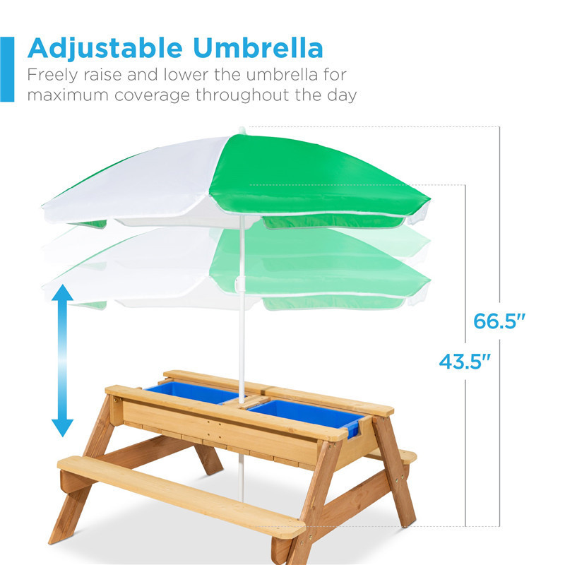 3 in 1 Kids Sand And Water Table Easy Assembly Outdoor Wood Picnic Table with Umbrella