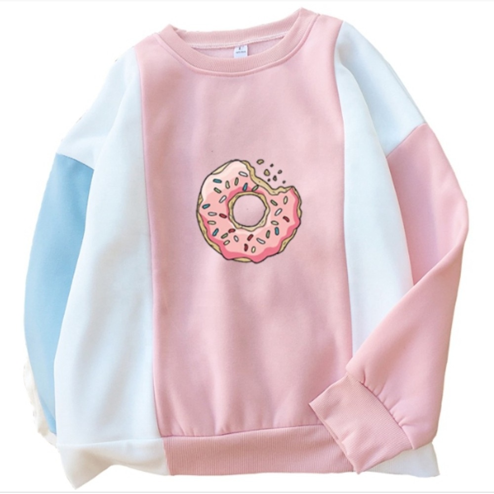 Women Sweatshirt Harajuku Kawaii Donuts Printing Cute Hoodies Patchwork Pastel Contrast Color O-neck Winter Autumn Clothing Top