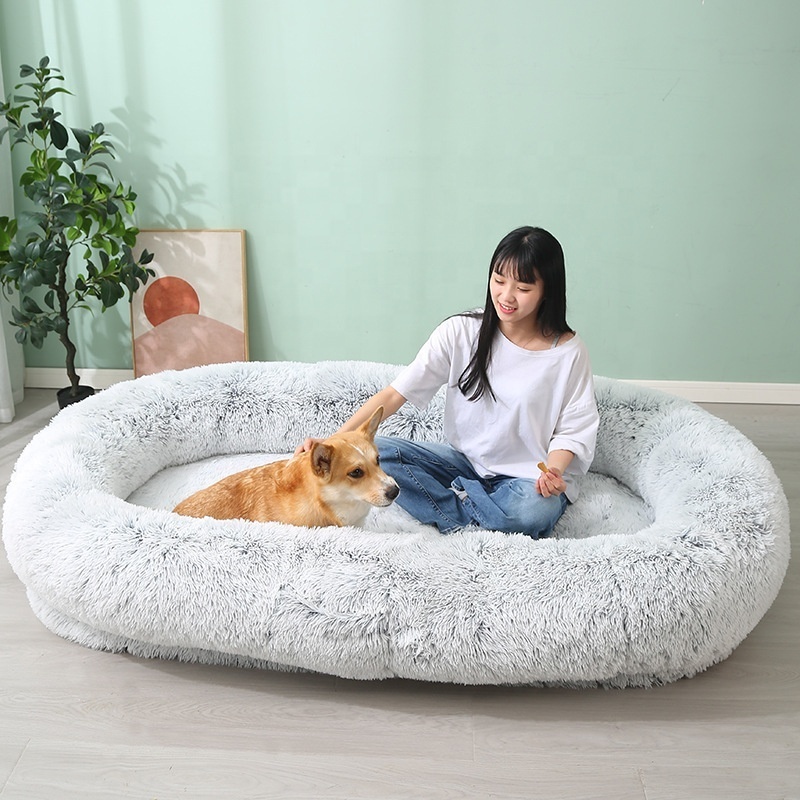 Luxury cute Plufy Dog Bed For Human long plush Fluffy Pet Bed luxury Anti-slip Giant human Dog Bedding calming Pet Dog Mat Sofa