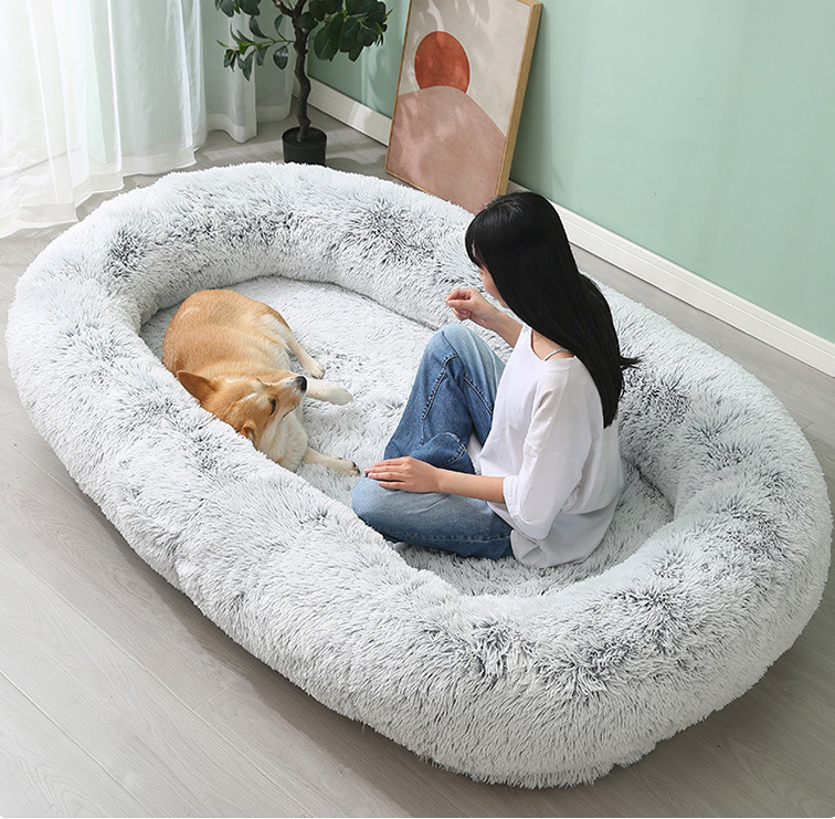 Luxury cute Plufy Dog Bed For Human long plush Fluffy Pet Bed luxury Anti-slip Giant human Dog Bedding calming Pet Dog Mat Sofa