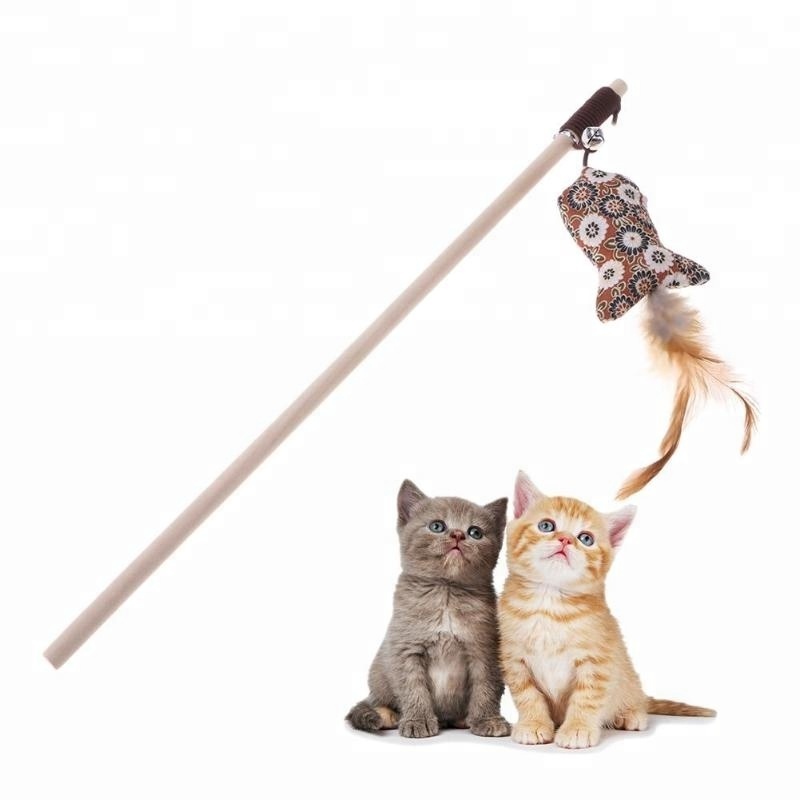 Best made toys stuffed animals cat teaser toy new feather kitten handmade wooden cat teaser bell sound interactive stick toy