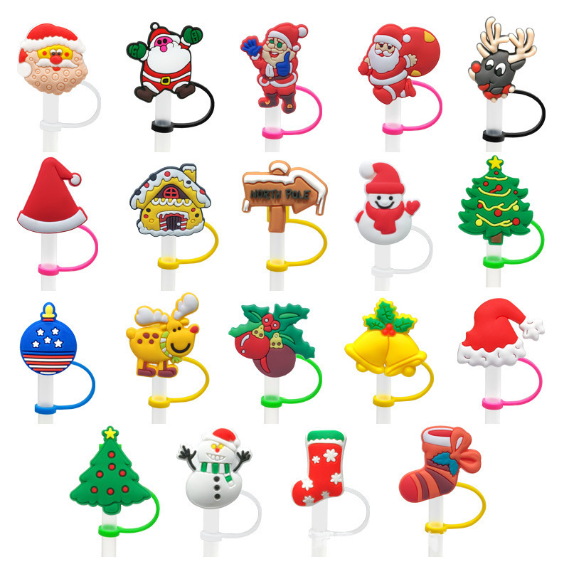 Tiktok TOP Customize Logo Christmas Style Water Bottle Charms Silicone Straw Toppers For Wholesale