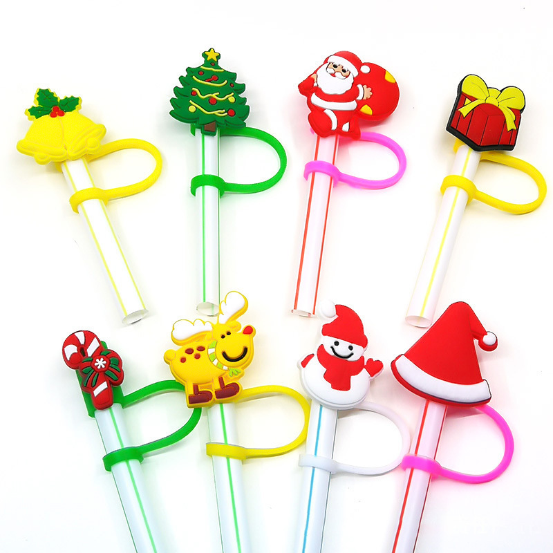 Tiktok TOP Customize Logo Christmas Style Water Bottle Charms Silicone Straw Toppers For Wholesale