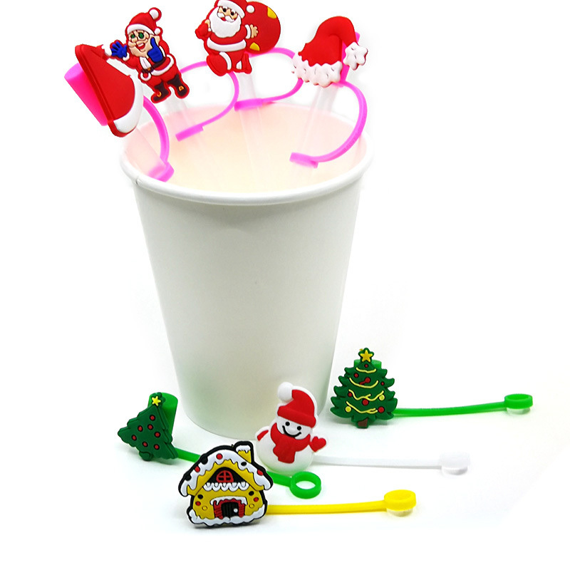 Tiktok TOP Customize Logo Christmas Style Water Bottle Charms Silicone Straw Toppers For Wholesale