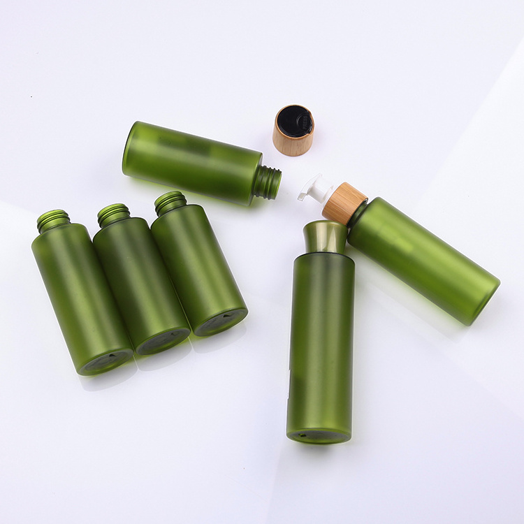 Eco friendly skincare bamboo cosmetic packaging with green PET bottle