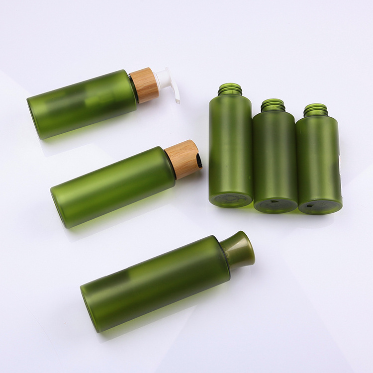 Eco friendly skincare bamboo cosmetic packaging with green PET bottle