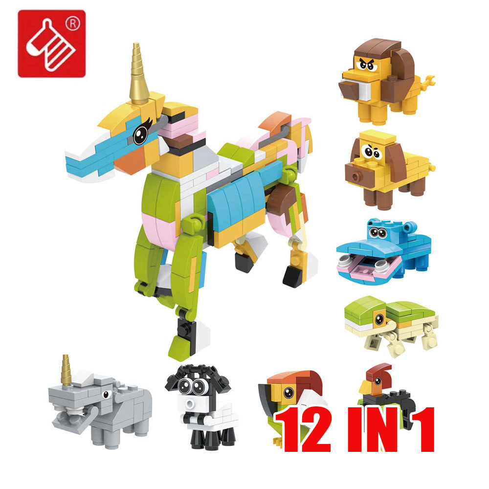 Heywin animal plastic building block toys for kids unicon 12 in 1 DIY mini bricks set zoo park toys (9001)