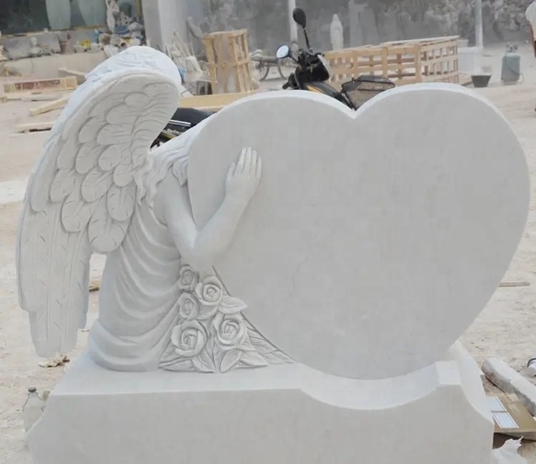 Headstones-wholesale holy family marble double tomb headstone with angel statue double heart headstone