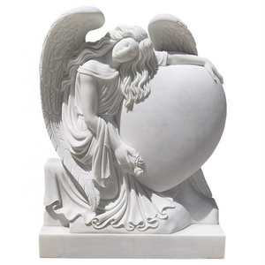 Headstones-wholesale holy family marble double tomb headstone with angel statue double heart headstone